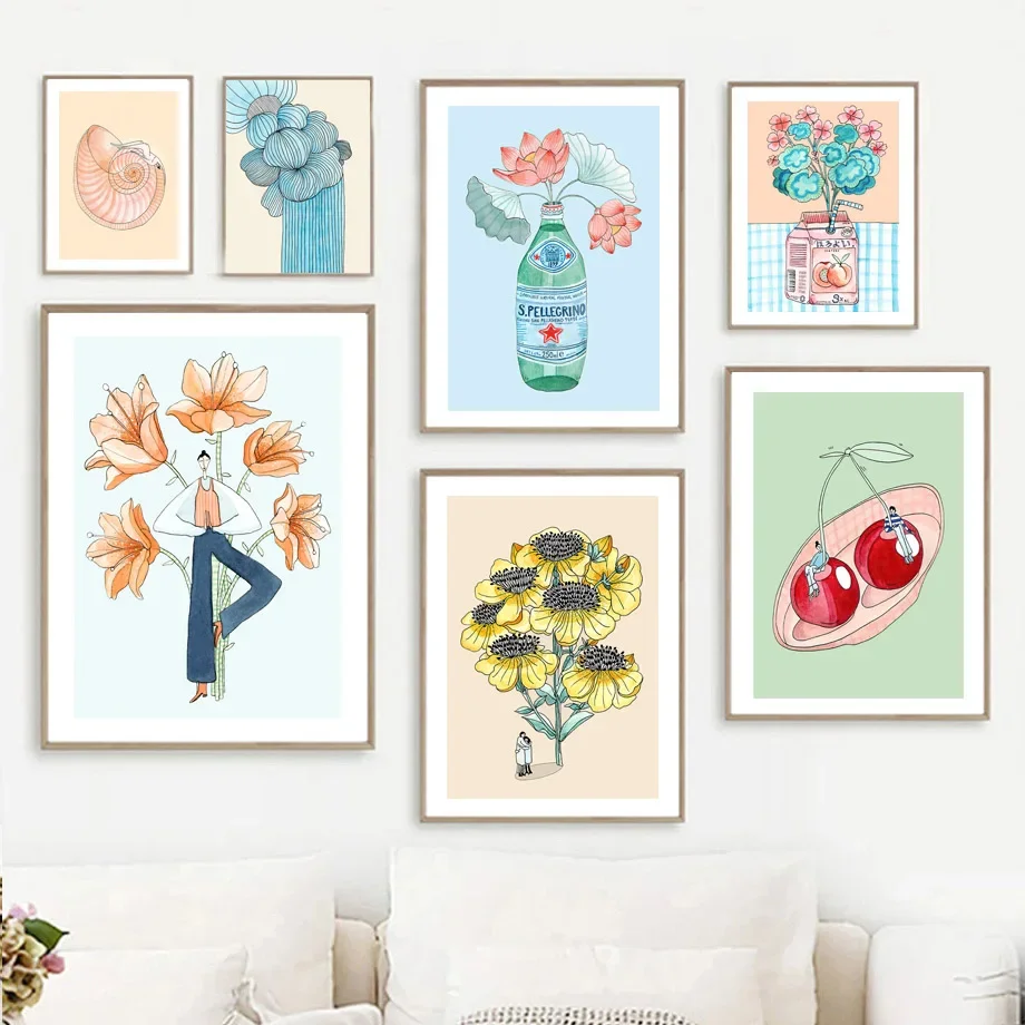 Wall Art Canvas Painting Nordic Cherry Fig Lotus Juice Drink Funny Pastels Poster And Prints Wall Pictures For Living Room De