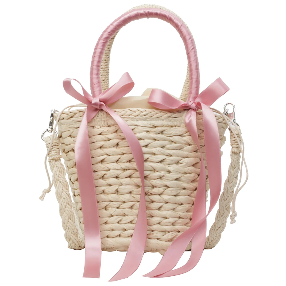 Women Summer Beach Bag Large Capacity Bow Straw Woven Tote Bag Elegant Top-Handle Bags Drawstring Closure for Outdoor Travel