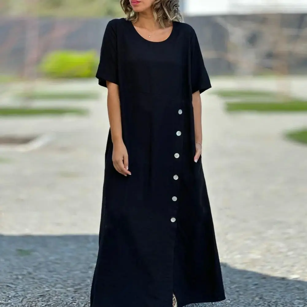 

Women Summer Dress O Neck Button Decor Split Long Dress Solid Color Short Sleeve Loose Ankle Length Maxi Dress For Daily