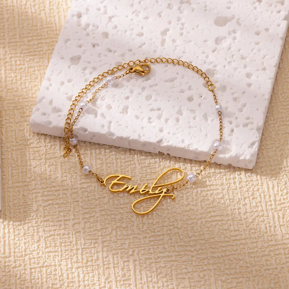Custom Name Anklets For Women Stainless Steel Imitation Pearl Chain Customized Ankle Bracelet Female Personalized Foot Jewelry view 4