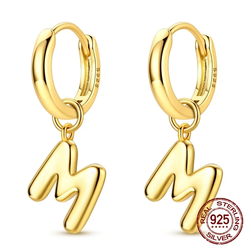 

925 Sterling Silver Golden Letter M Initial Huggie Hoop Earrings Dangle Bubble Alphabet M Charm Hoops Jewelry for Women Gift