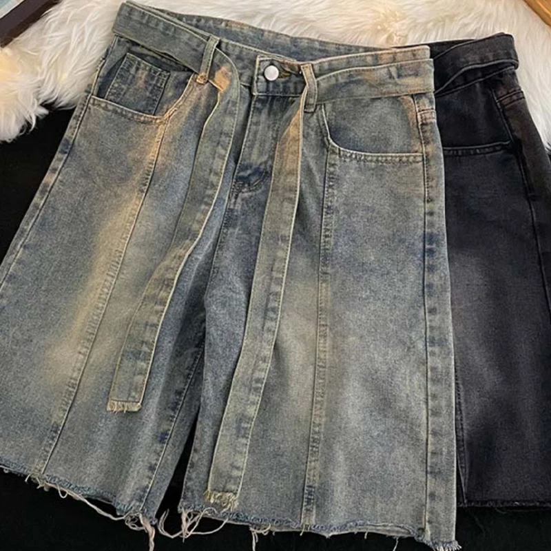 Pantalones cortos vaqueros con flecos finos de verano, pantalones informales holgados hasta la rodilla de calle japonesa, pantalones bonitos azules versátiles a la moda