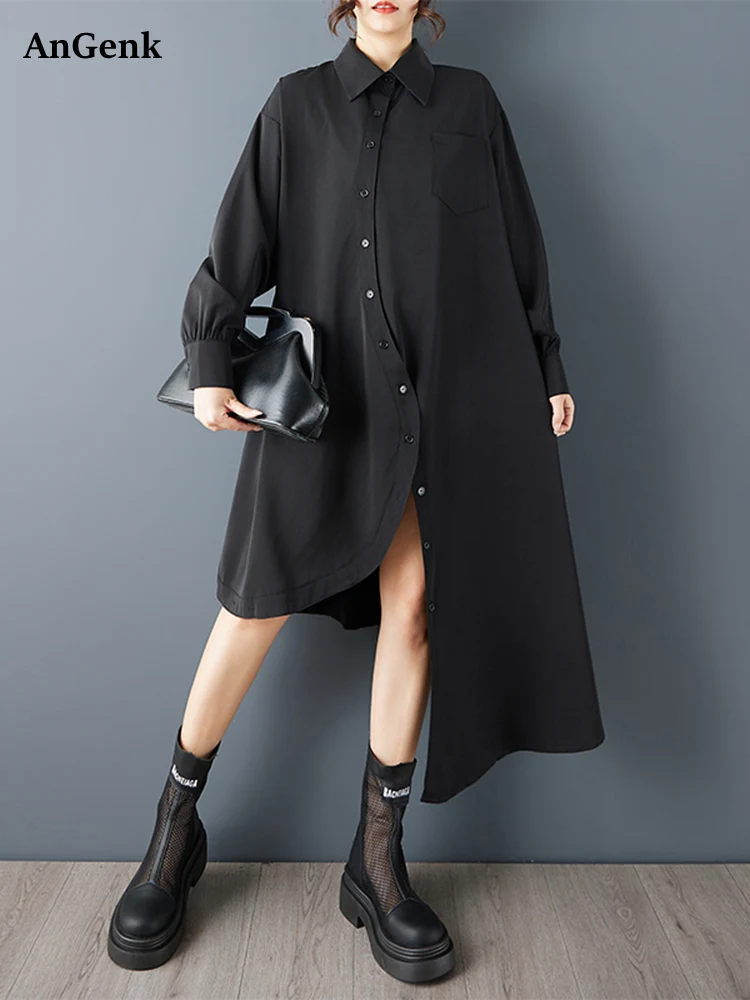 

Black Vintage Irregular Shirt Dresses For Woman Spring Autumn New Long Sleeve Loose Casual Dress Fashion Elegant Clothing 2026