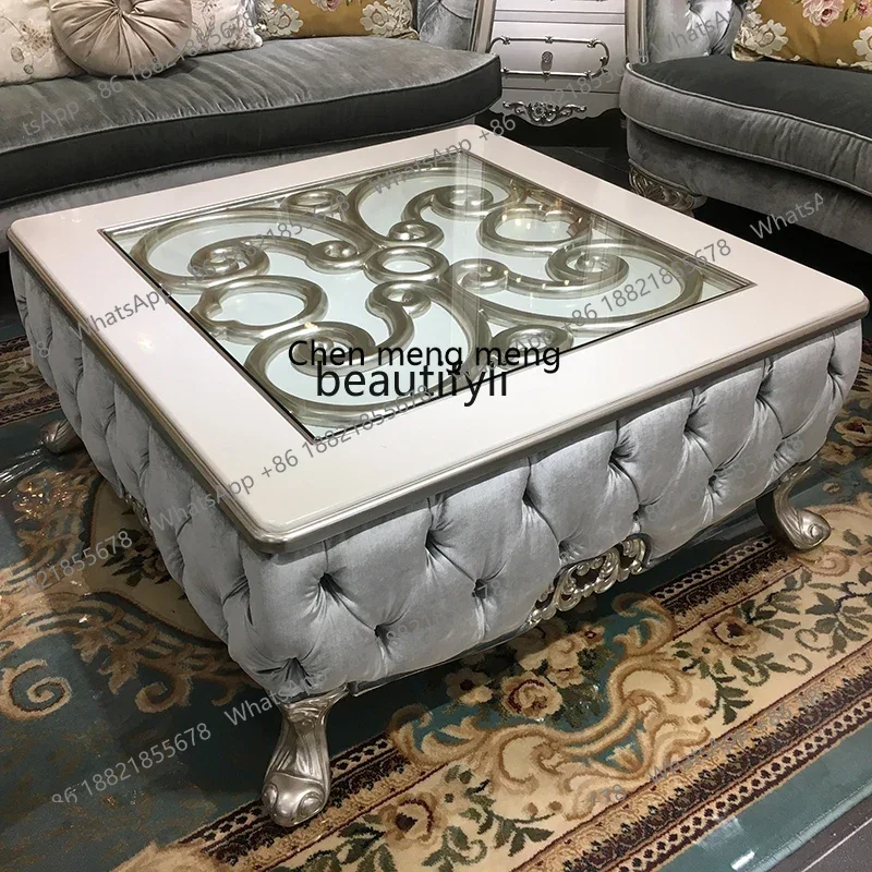 

ss8350 French solid wood large coffee table European luxury square large tea table tempered glass storage table