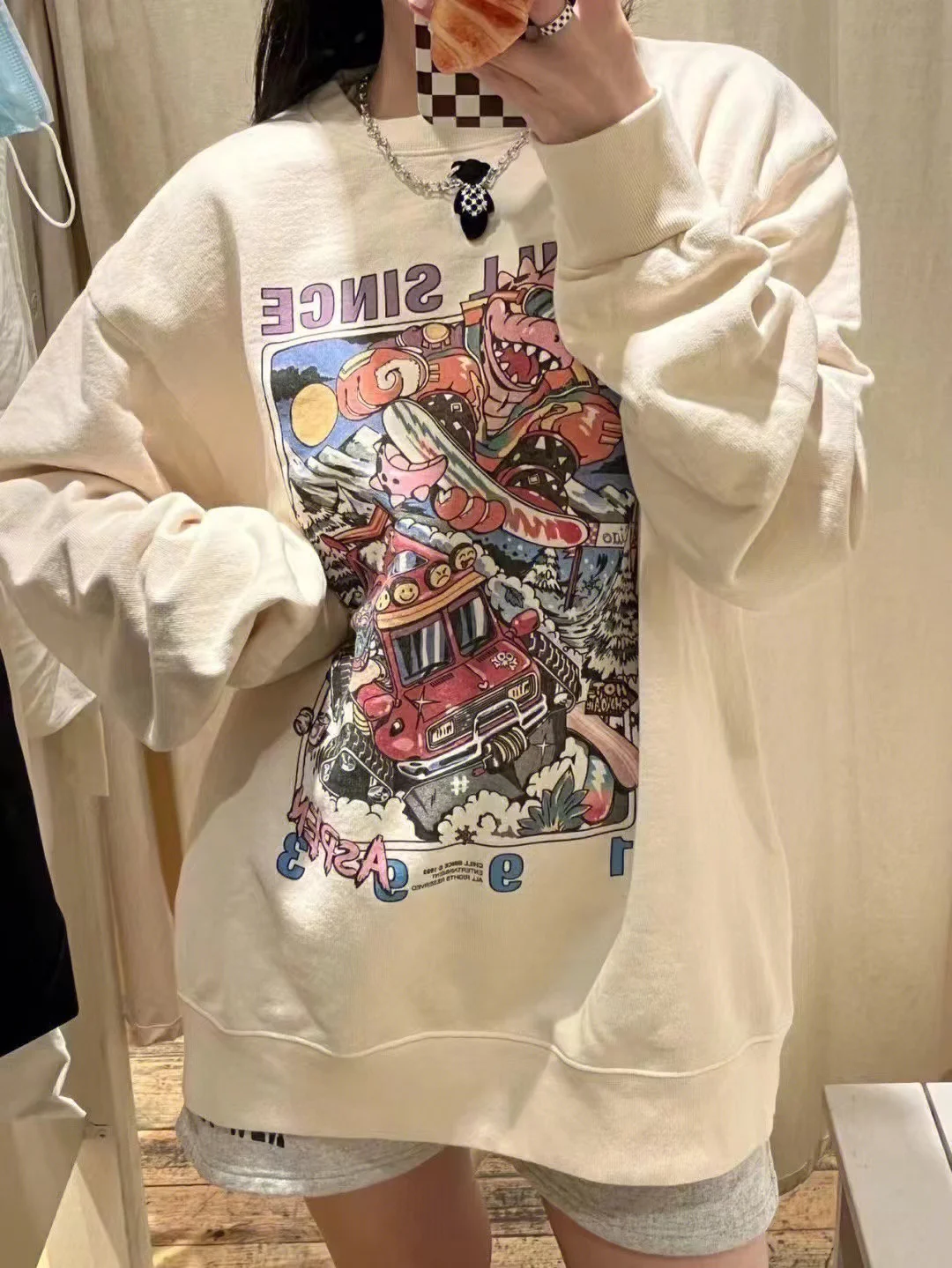 

Женская хлопковая толстовка свободного кроя с круглым вырезом, принтом Brandy Girl Cartoon Dinosaur, в американском стиле, осенняя новинка