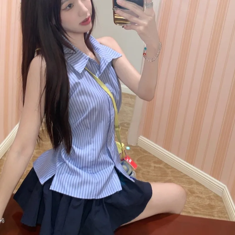 

Retro Striped Bal Tie Waist Slim Fit Svel irt Vest Women's Early Spring New Sle Skirt Faion Set