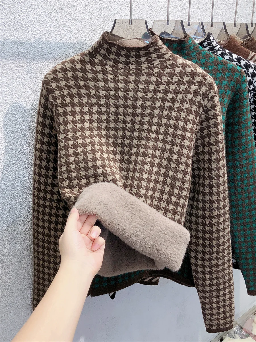 Houndstooth Half High Collar Warm Sweater Women\'s Autumn Winter Plush Thick Basic Shirt 2024 New Retro Long Sleeved Slim Top