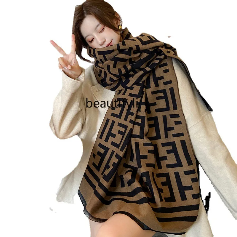 Winter new imitation cashmere scarf F letter versatile long fringed shawl fashionable thickened scarf