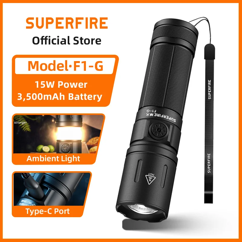 

Перезаряжаемый светодиодный фонарь SUPERFIRE F1-G USB-C 2025 года, 1100 лм, для кемпинга, белый/теплый свет, для палаток, с зумом