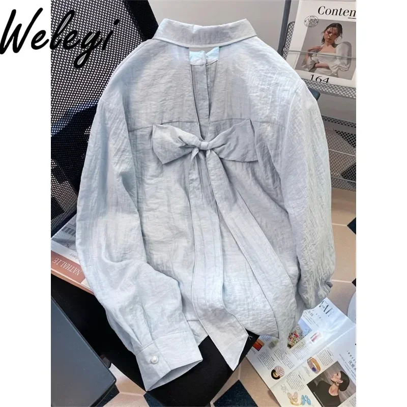 French Style Vintage Back Bow Shirt Poleras Women's Loose Casual Solid Color Sun Proof Blouse Back Hollow Out Long Sleeve Top