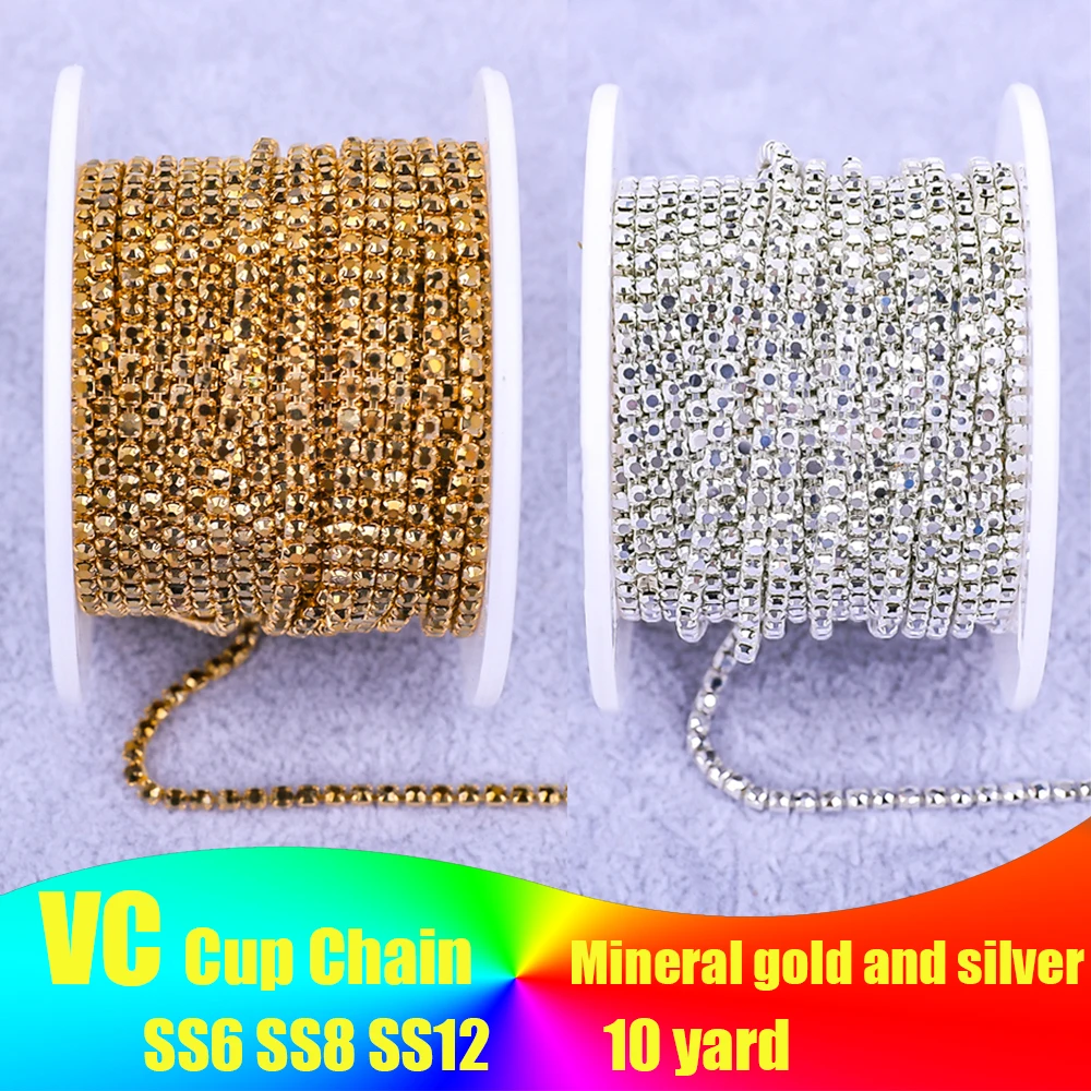 VC All size Mineral gold and silver Rhinestone Cup Chain Glass Crystal Rhinestone Trim For DIY Garment Decoration