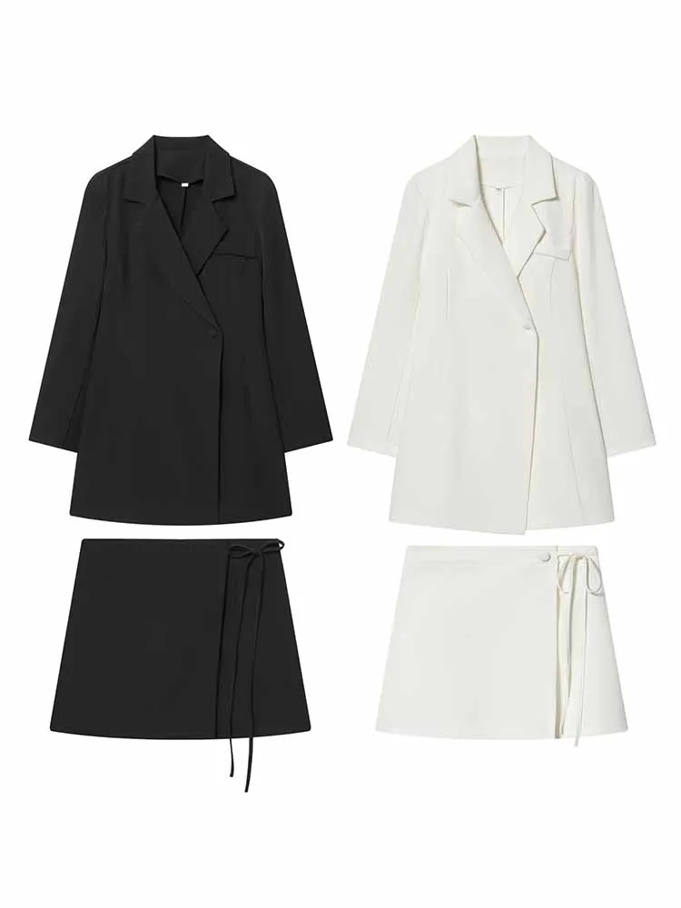 

Женский модный комплект: пальто с длинными рукавами и одной застежкой на пуговицу, подчеркивающее талию, + повседневная кружевная юбка А-силуэта