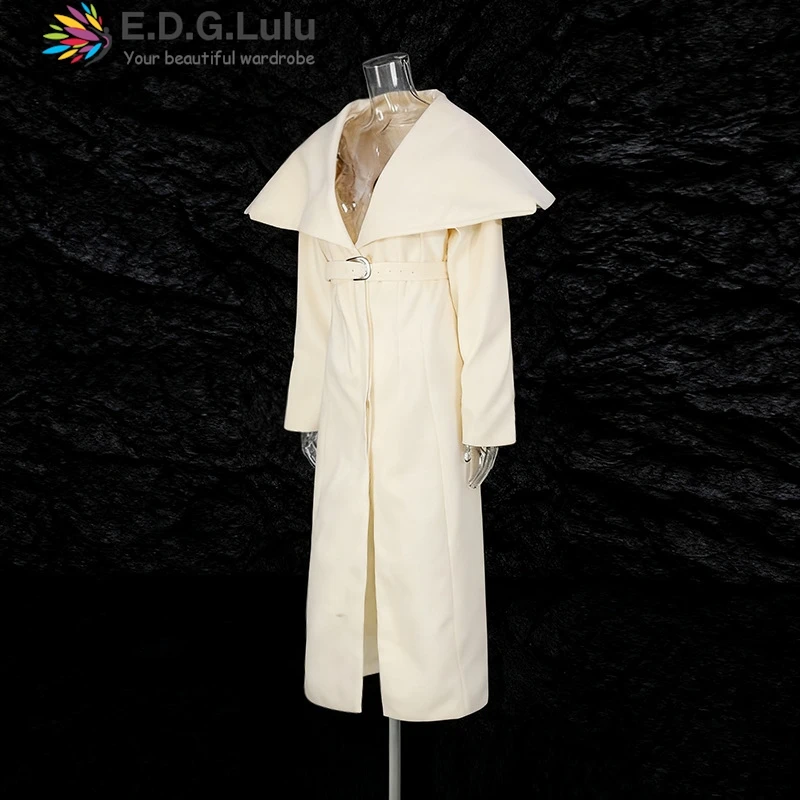 EDGLuLu Autumn Winter Loose Woolen Coat 2025 New Big Turn-Down Collar Long Sleeves Whit Long Windbreaker Jacket 1206