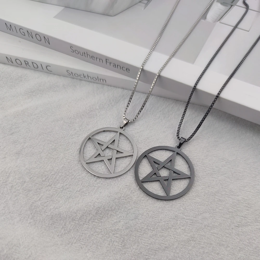 Round Pendant Necklace for Men Fashion Stainless steel Black Color Star Pentagram Pendant Box Chain Necklaces Jewelry For Women