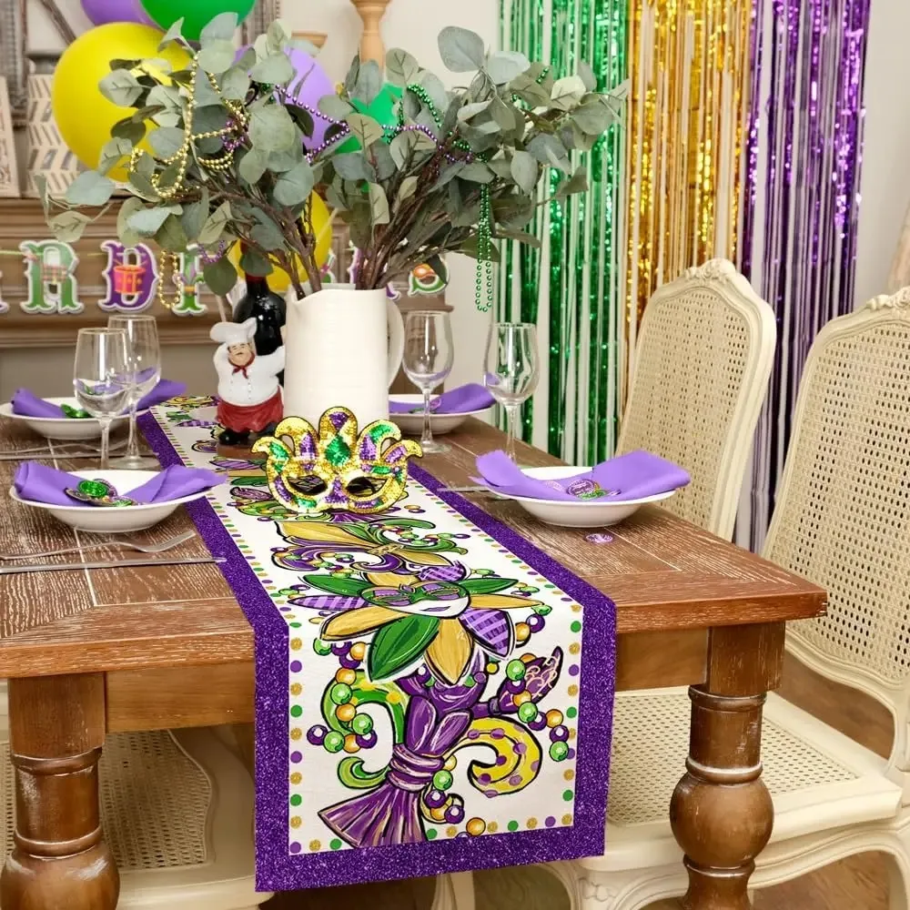 Mardi Gras Carnival Linen Table Runner Beads Mardi Gras Anniversary Festival Mardi Gras Table Runner Kitchen Dining Party Decor