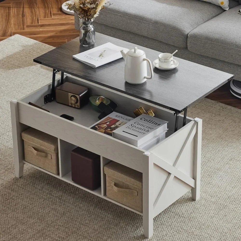 Lift Top Coffee Table, Charcoal Top with White Frame, Farmhouse Cross-Sided Design, with Storage Shelf/Hidden Compartment