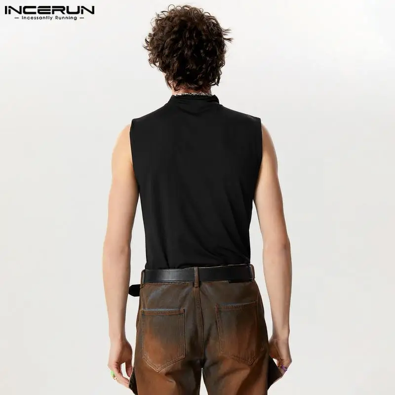 Men Tank Tops Mesh Patchwork Transparent Turtleneck Sleeveless Summer Casual Vests Streetwear 2024 Fashion Men Clothing INCERUN