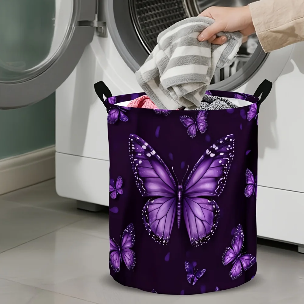 Purple Butterfly Print Laundry Basket Elegant Insect Pattern Storage Hamper Lightweight Waterproof Laundry Bin For Bedroom