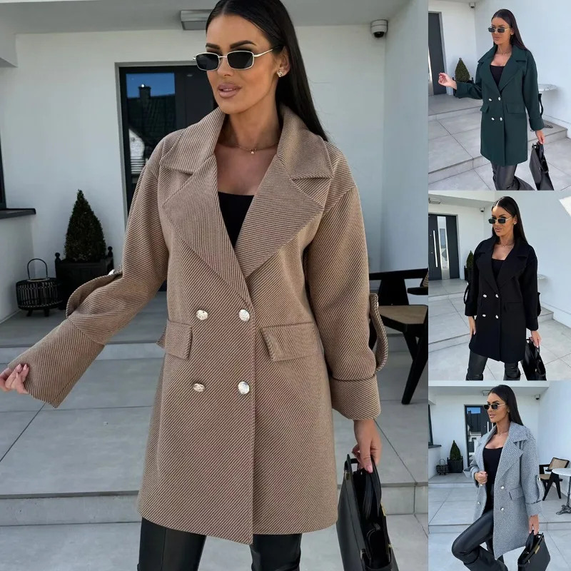 

Autumn/Winter Warm Solid Color Lapel H-Line Coat Double-Breasted Mid-Length Wool Coat Women's Outerwear Suitable for Office Use