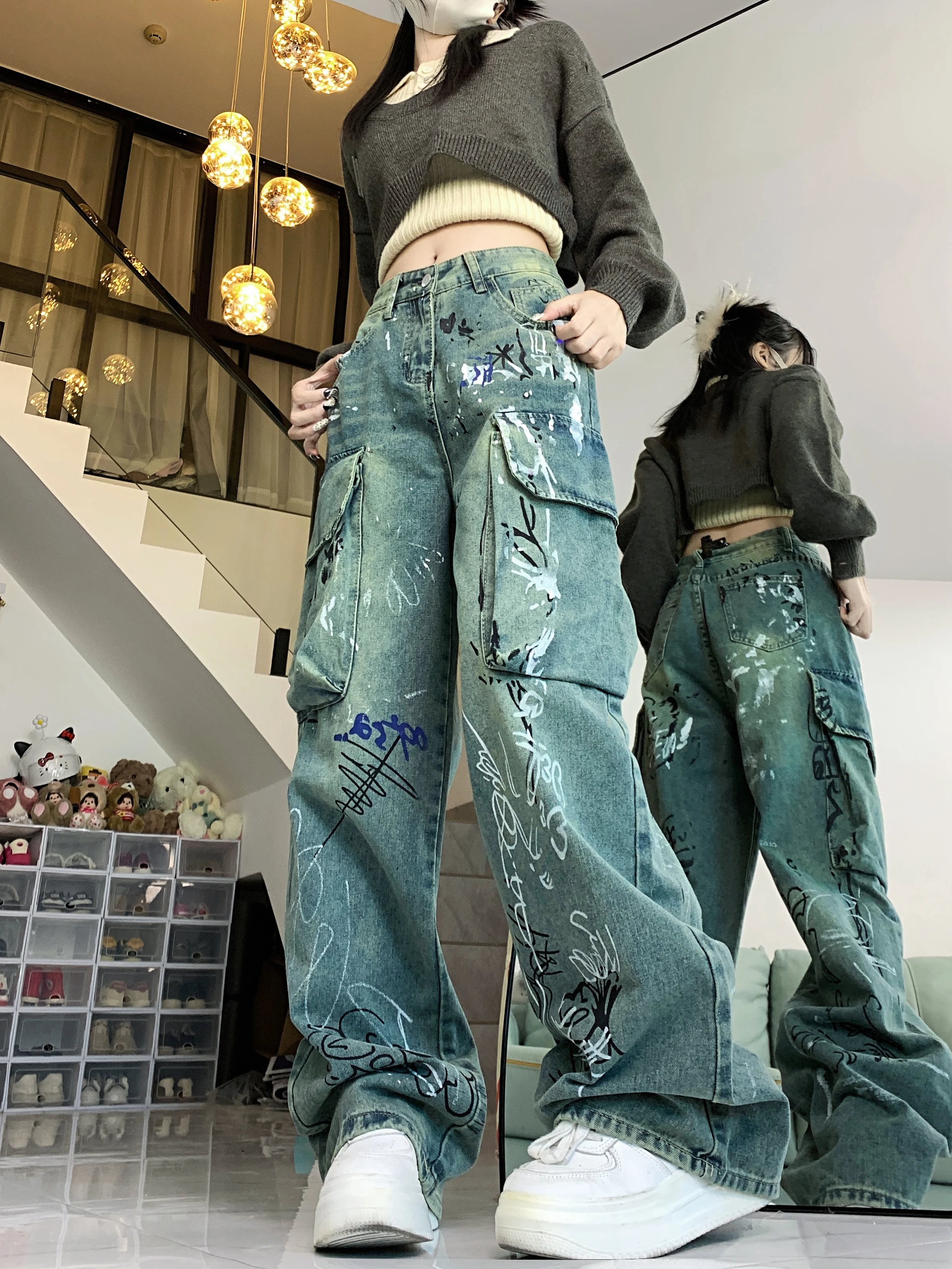 Pantalon cargo imprimé graffiti style Harajuku pour femme, jean de personnalité de rue, nouveau, été, 2024