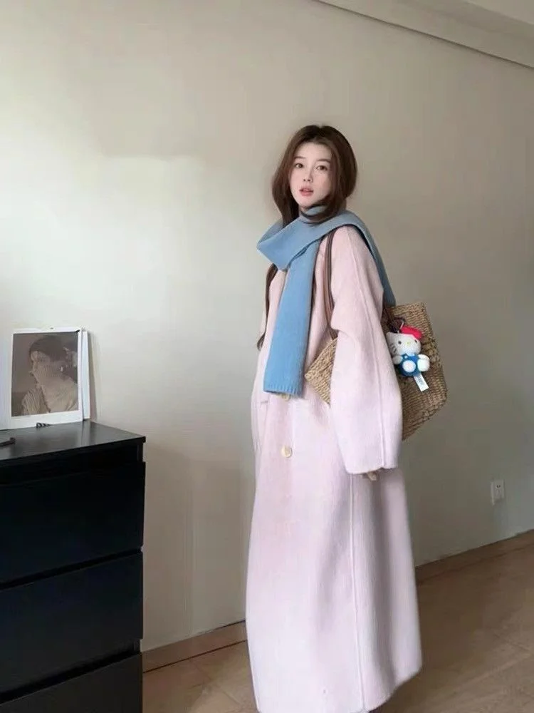 플러스 사이즈 핑크 울 코트 한국 스타일 여성 패션 가을 겨울 루즈핏 미디 아우터웨어 편안한 핏 엘레 슬레