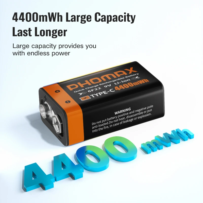 PHOMAX  9 Volt Type C Smart USB Charging Lithium Ion Battery 6F22 Rechargeable 9 Volt Type C Lithium Battery Pack USB