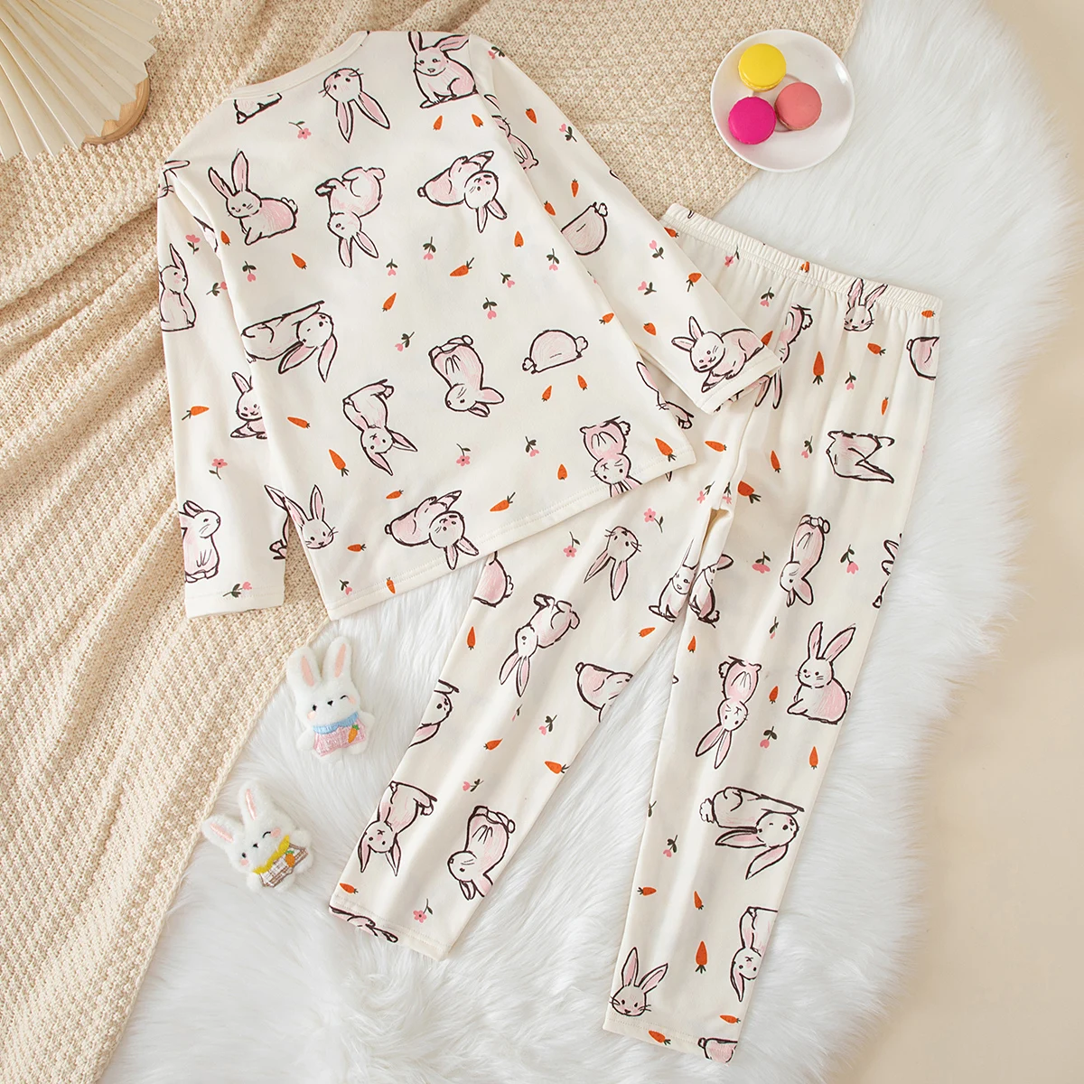 2-teiliges Set aus süßer und niedlicher bedruckter, warmer und dicker Unterwäsche für Mädchen im Herbst und Winter, bequemes langärmeliges Hausset – Detail 7