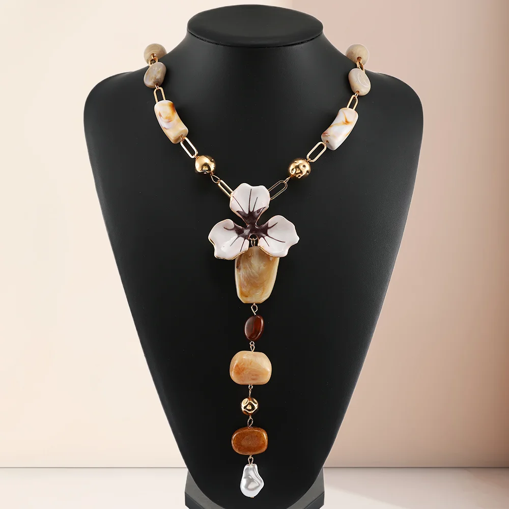 

Bohemian Ethnic Enameled Flower Resin Faux Stone Long Pendant Necklace Women's Party Prom Vacation Collarbone Chain Accessories