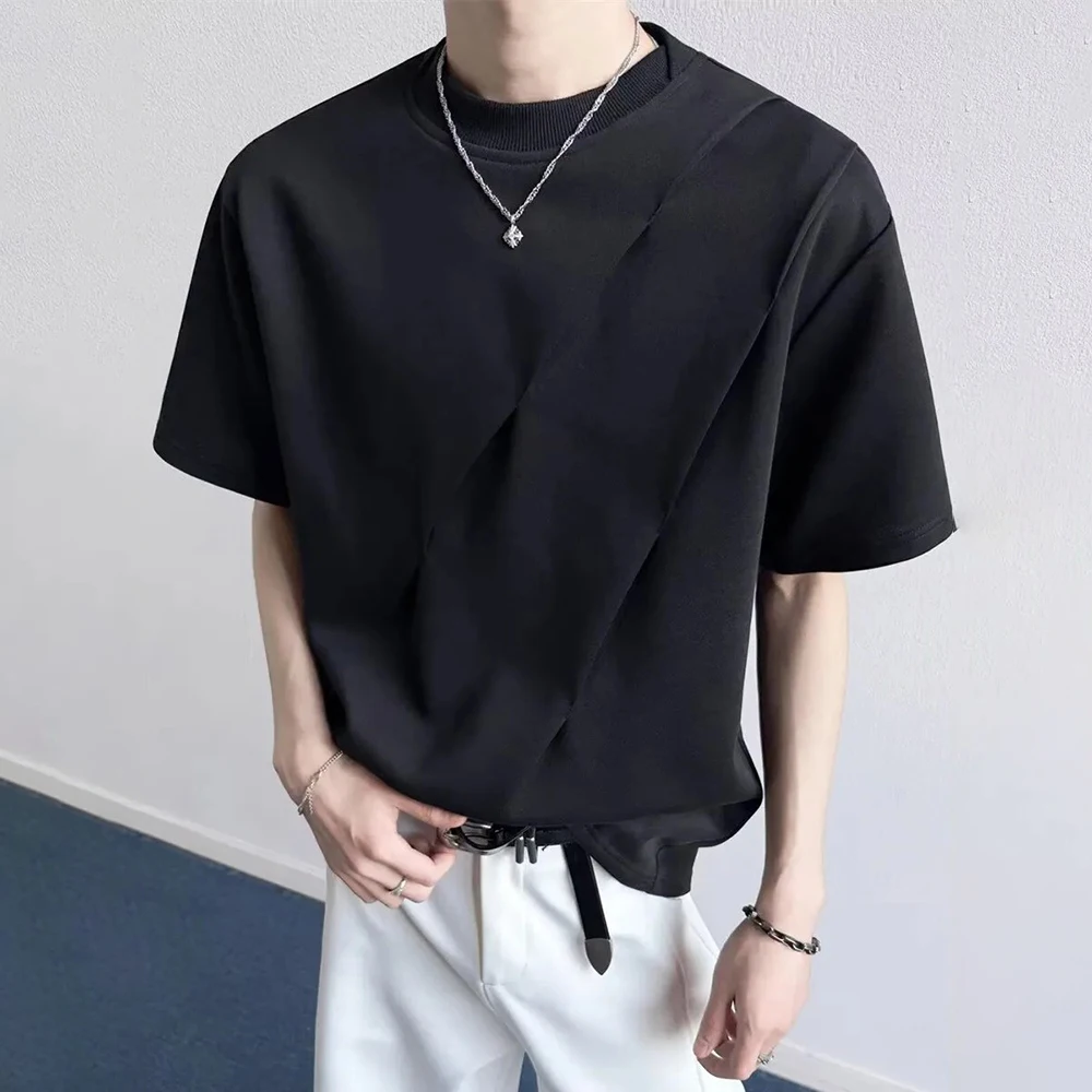 Mens Deconstructed Pleated Patchwork Niche Casual T-Shirt Streetwear Fashion Nightclub Stage Hip-Hop Top Men'S Clothing 2026 New