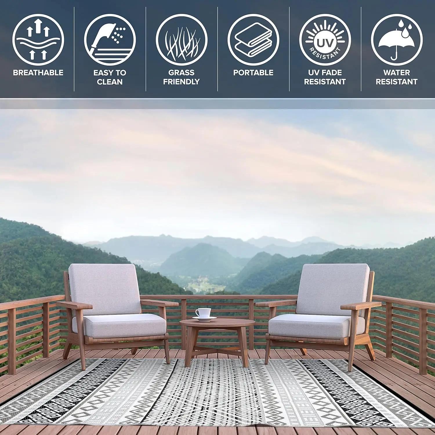 Comfort Corner Boho Outdoor Rug Waterproof for Patio RV Camping Picnic Balcony Plastic Straw Rug Charcoal White 9x12