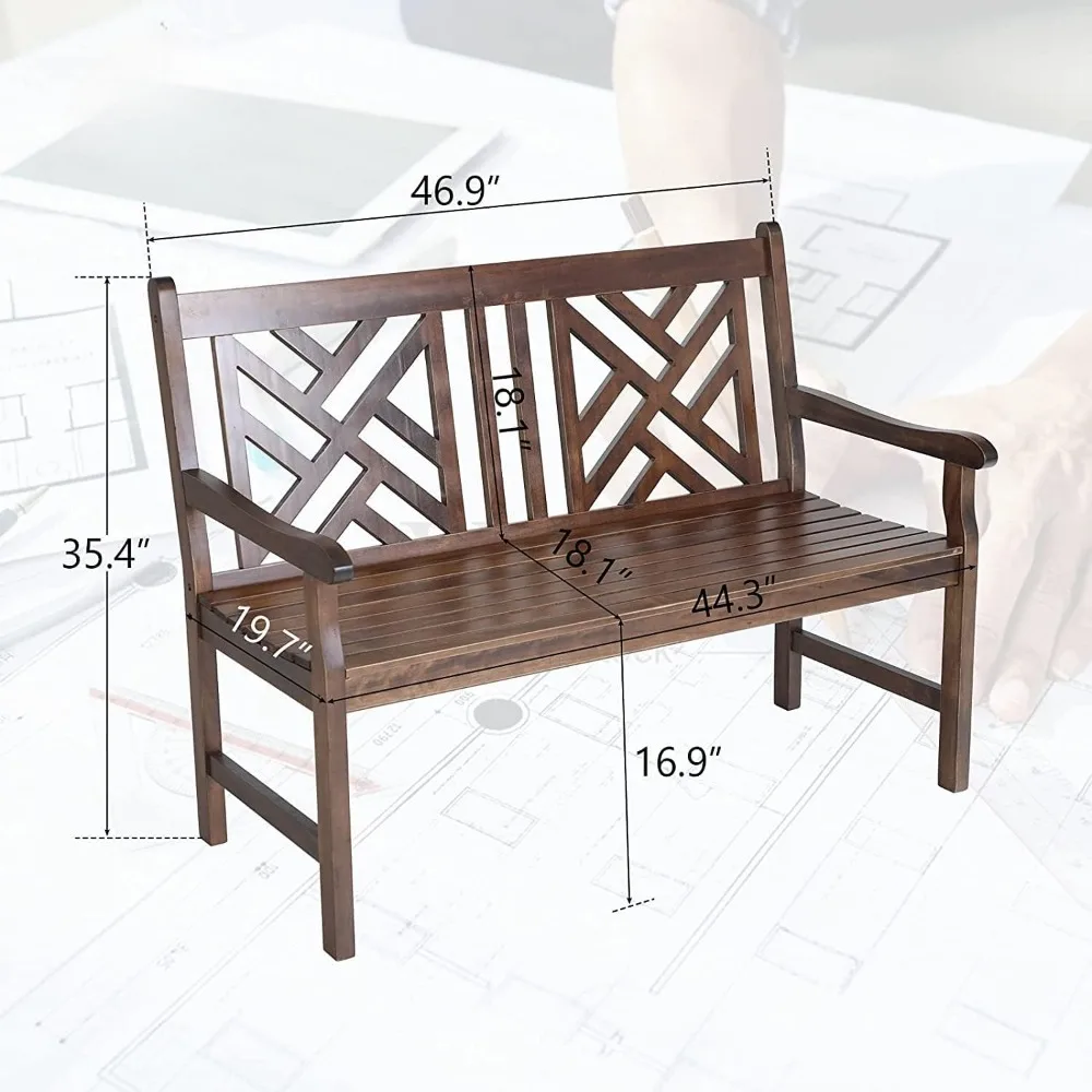 Outdoor Wood Bench with Backrest and Armrest, 2-Person Slatted Seat, Capacity 600 Lbs, Easy To Clean and Assemble, Patio Benches