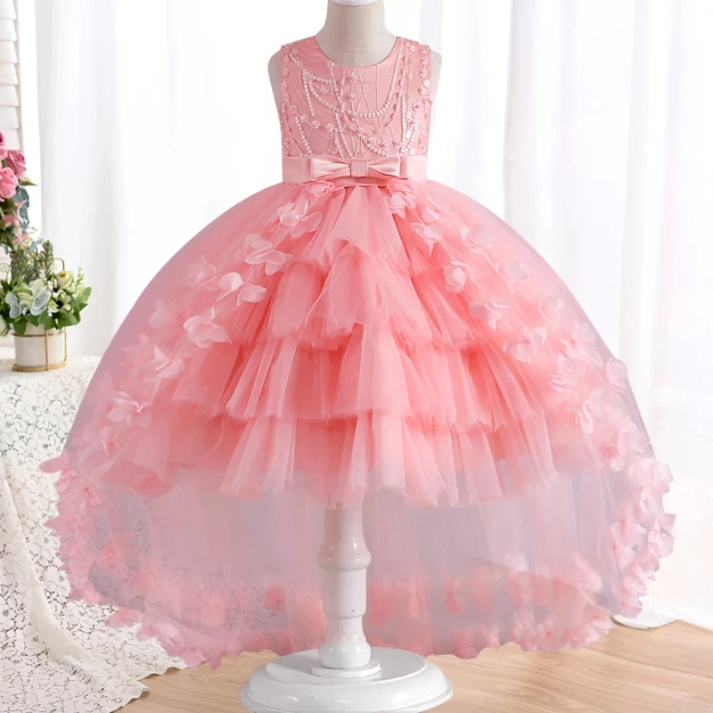 Girls\' Formal Evening Sleeveless Trailing  Princess Dress girls pearl bow fluffy mesh skirt banquet host costumes 5-14 years old