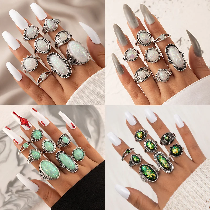 docona Vintage Antique Silver Color Rings Sets Colorful Opal Crystal Stone Carve for Women Men Bohemian Jewelry Anillos 6421