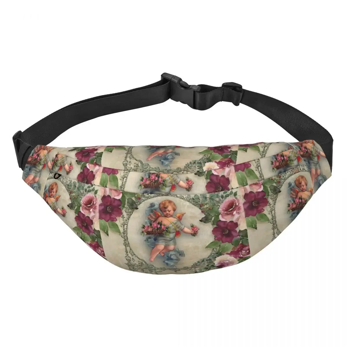 Victorian Angel Print With Vintage Rose Bouquets Shabby Chic Fanny Pack Sling Crossbody Waist Bag for Hiking Phone Money Pouch