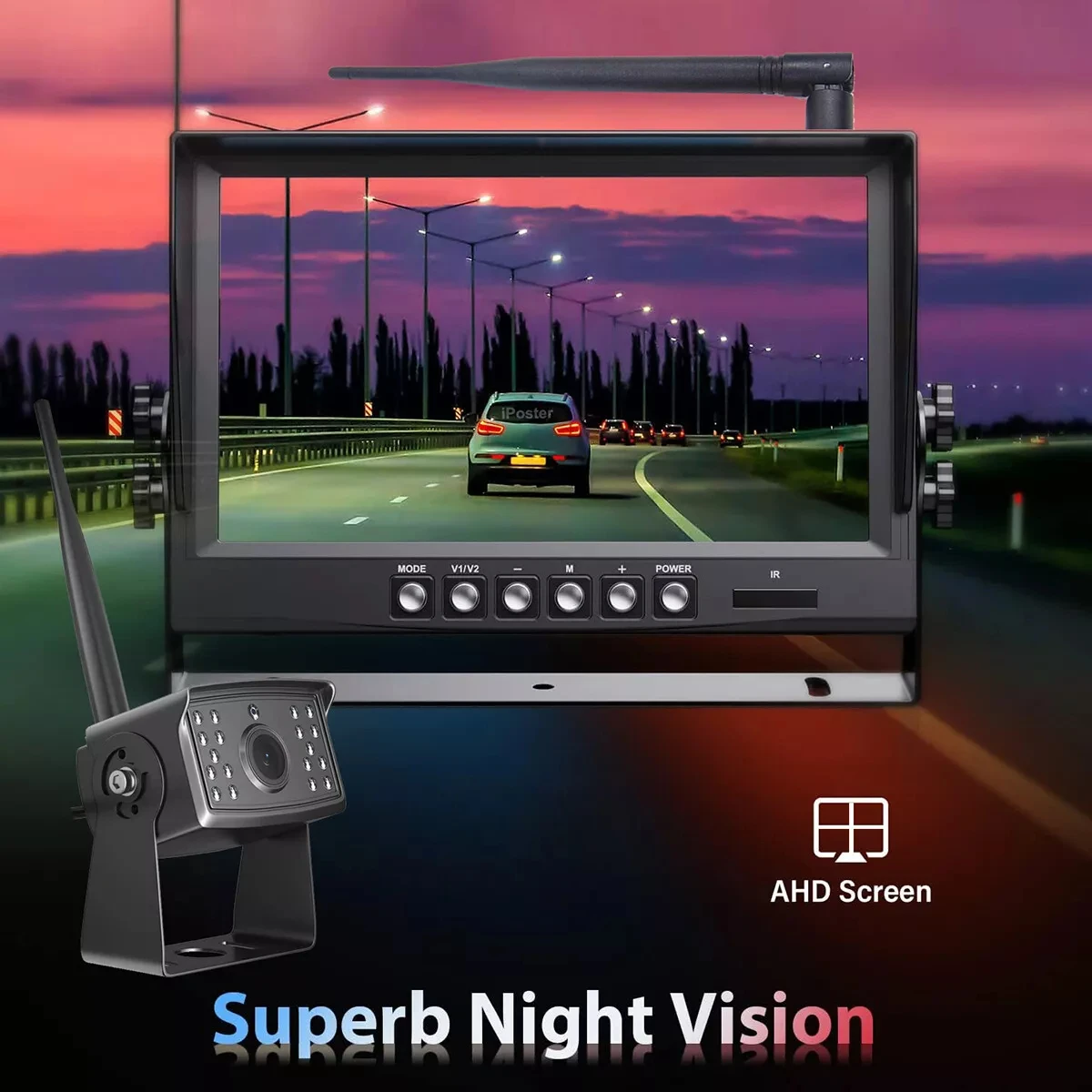 9-Inch Waterproof Wireless DVR Monitor With Night Vision 4-Split Screen Reverse Camera System For Truck Backup Parking RV Use
