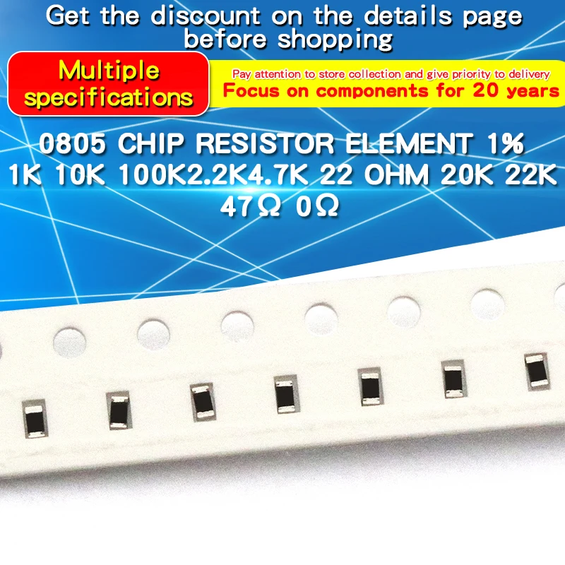 

100pcs 1% 0805 SMD Chip Resistor 1/8W 0.22R~10M 0.22 4.7 10 20 47 100 200 910 1K 2.2K 4.7K 10K 100K 200K 240K 1M 4.7M 9.1M Ohm