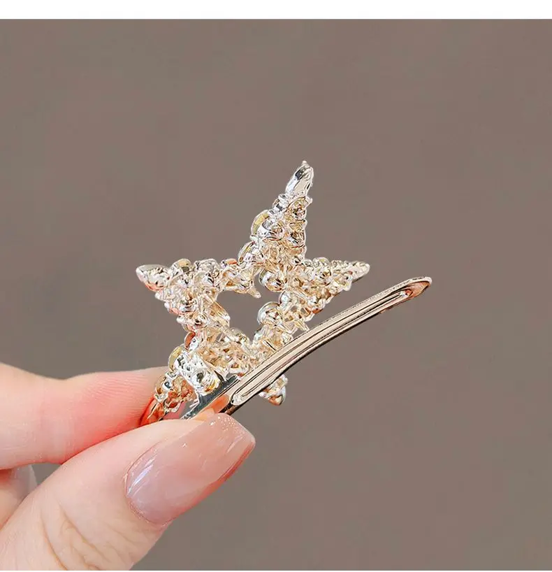 Koreanische Stern-Haarspangen mit Strass, elegante, niedliche Entenschnabel-Clips, luxuriöse Haarspangen für seitliche Ponyfransen, süße Haar-Accessoires für Damen – Detail 4