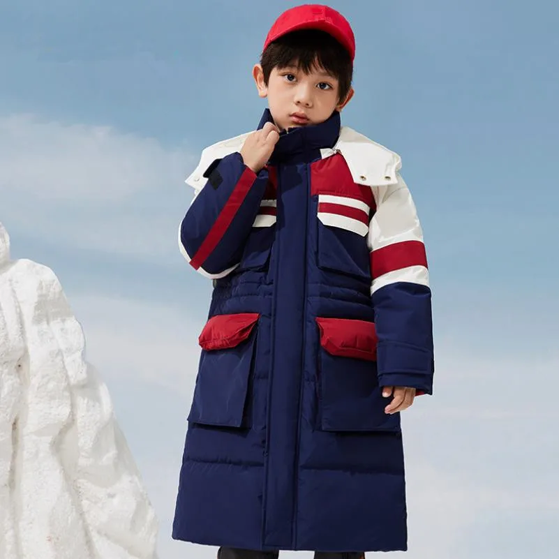 

High-End Children's Down Coat Long Hooded Outdoors Parka Winter Boys' Thicker Warm White Duck Down Jacket A4155