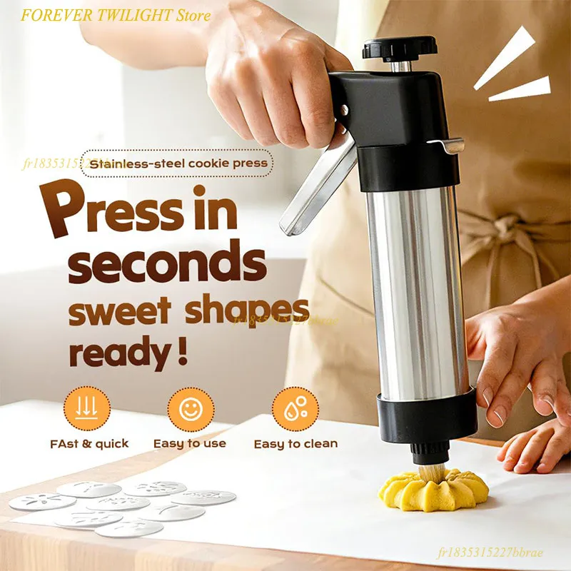 Presse à biscuits en acier inoxydable, kit de presse à biscuits avec 13 disques à biscuits + 8 buses à glaçage pour la fabrication et la décoration de biscuits
