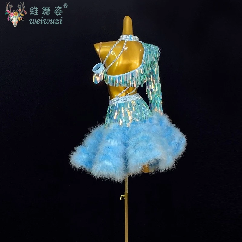 라틴 댄스 의상 맞춤형 깃털 태슬 글리터 성인 및 어린이 차차 삼바 룸바 대회 공연 의상