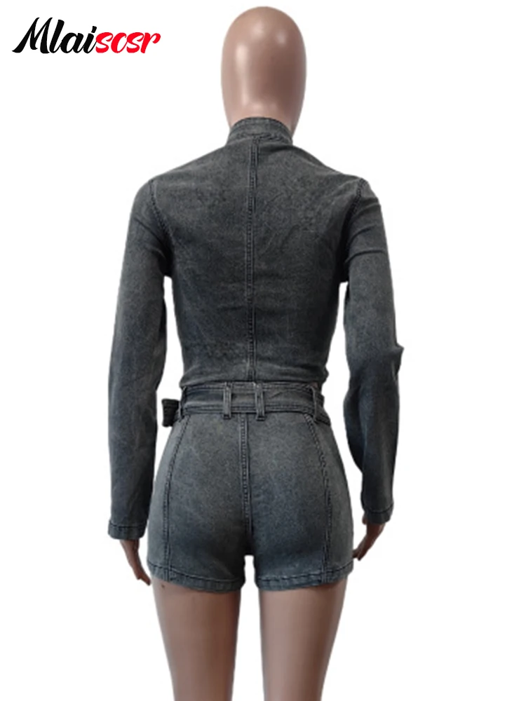 Mlaiscsr Stretch Denim Suits Women Shorts Set Long Sleeved Crop Jacket and Short Jeans with Belt Two Pieces Streetwear Outfits