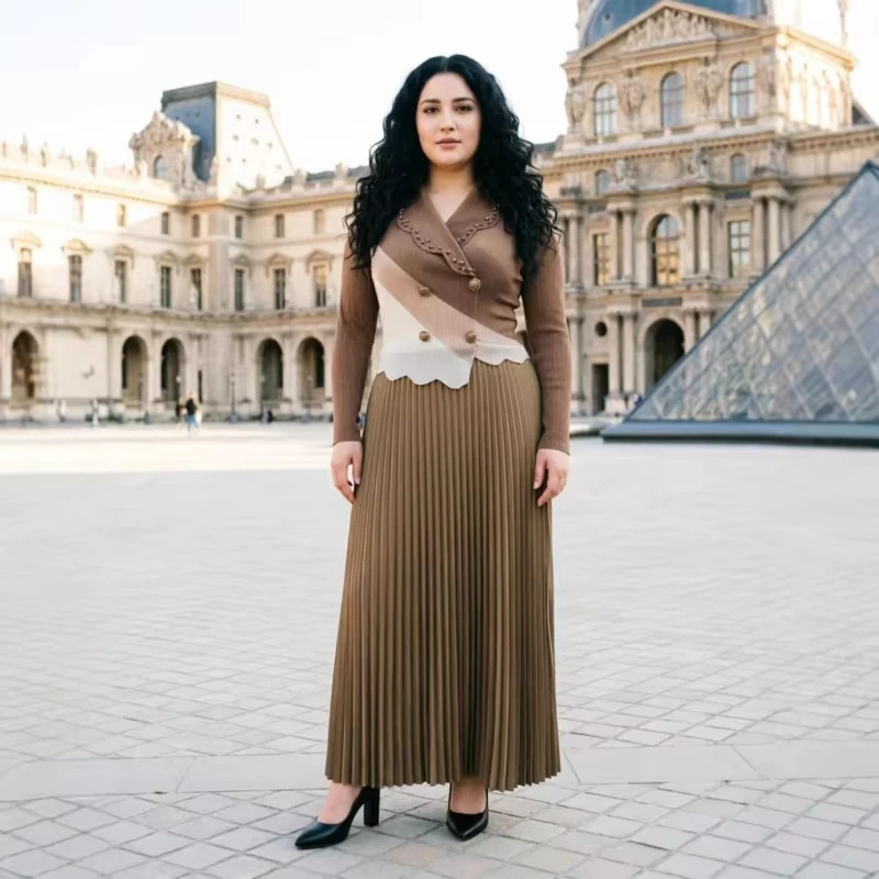 ANLAN Elegance Pleated Dress Turn-Down Collar Long Sleeved Embroidered Flares Double Breasted Dresses 2026 Spring New 7AN7017