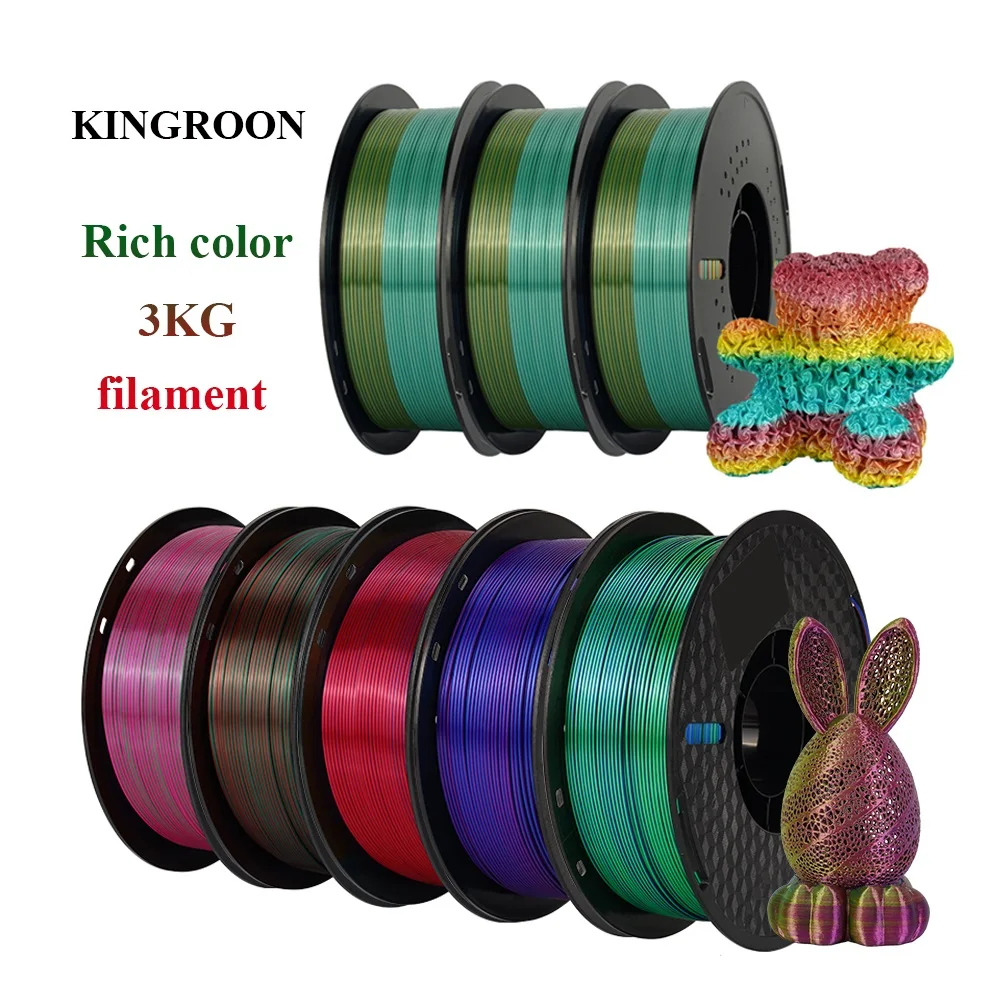 Kingroon 3KG Triple Color Silk PLA Filament Rainbow pla PETG Fast 3D Printing Material Tricolor 1.75mm for Bambu lab printers