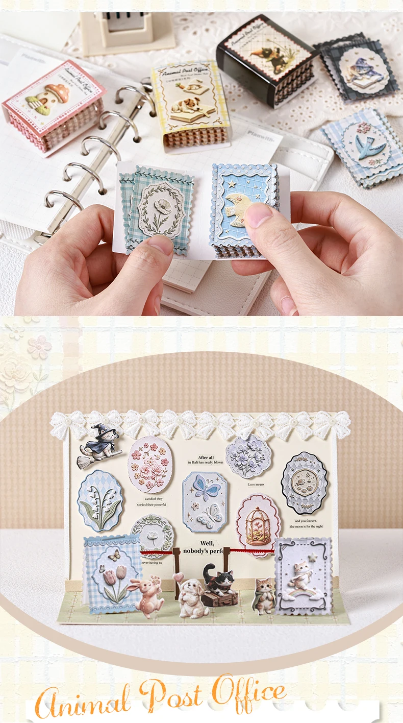 Journal GO, 50 Blatt, Mini-Stempel-Aufkleber auf stabiler Karte, Tier- und Postamt-Motive im Retro-Stil für Tagebücher, Planer, Scrapbooks und Bastelarbeiten. – Detail 8