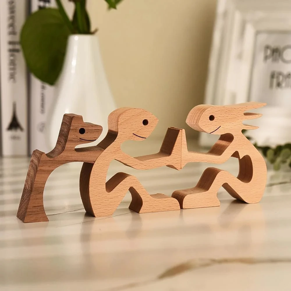 Handmade Family Puppy Wooden Man Dog Statue Figurine Home Room Desk Decoration Carving Model Sculpture Eco-Friendly Craft Gifts