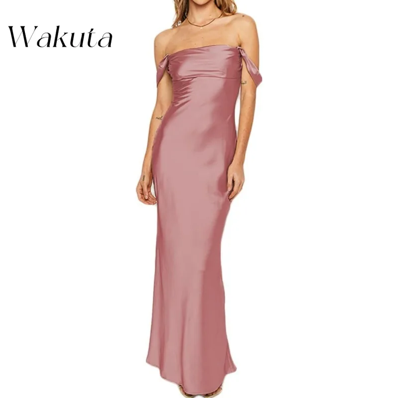 Wakuta Sexy Sheath One Shoulder Light Luxury Simulation Silk Cocktail Robe Pure Color Slim Engagement Bridesmaid Group Hip Dress