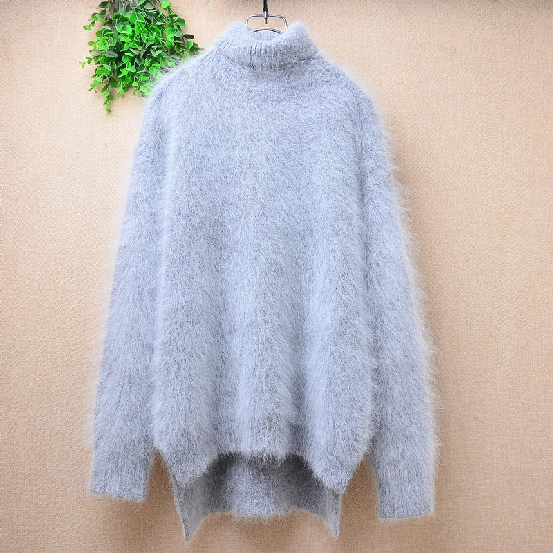 Women mujer Autumn Winter Clothing Hairy Angora Rabbit Hair Knitted Turtleneck Long Sleeves Split Loose Pullover Sweater Jumper