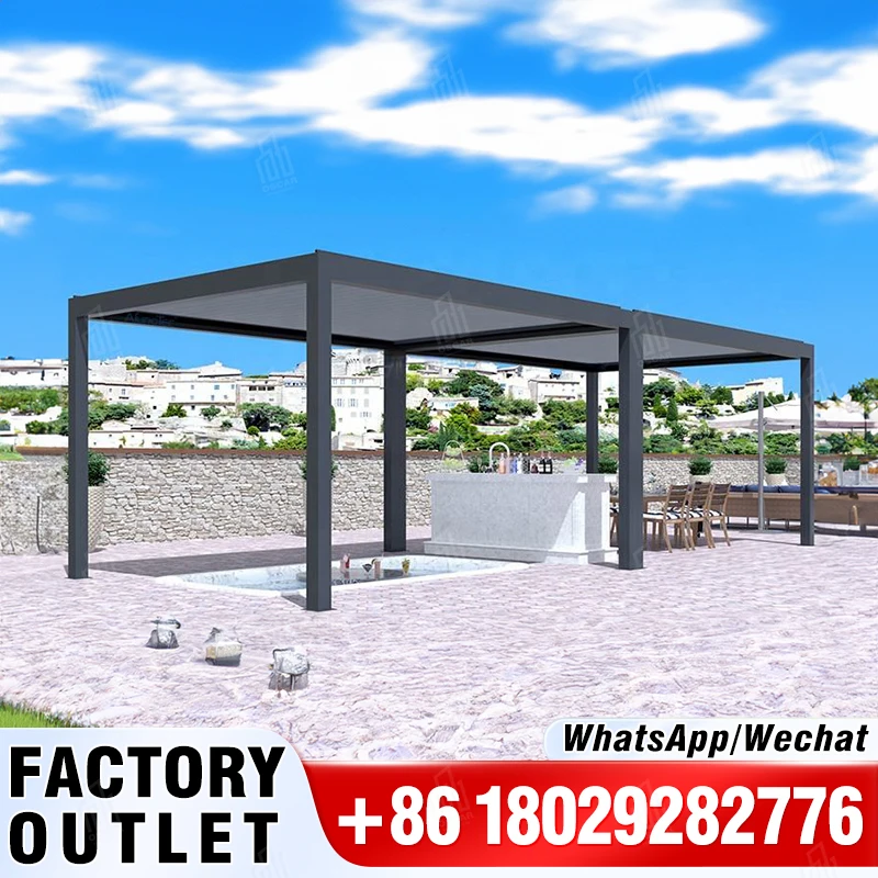 YOUYA Modern Bioclimatic Pergola Gazebo with Blinds Glass Door Outdoor Waterproof Motorized Louvered Aluminum Pergola