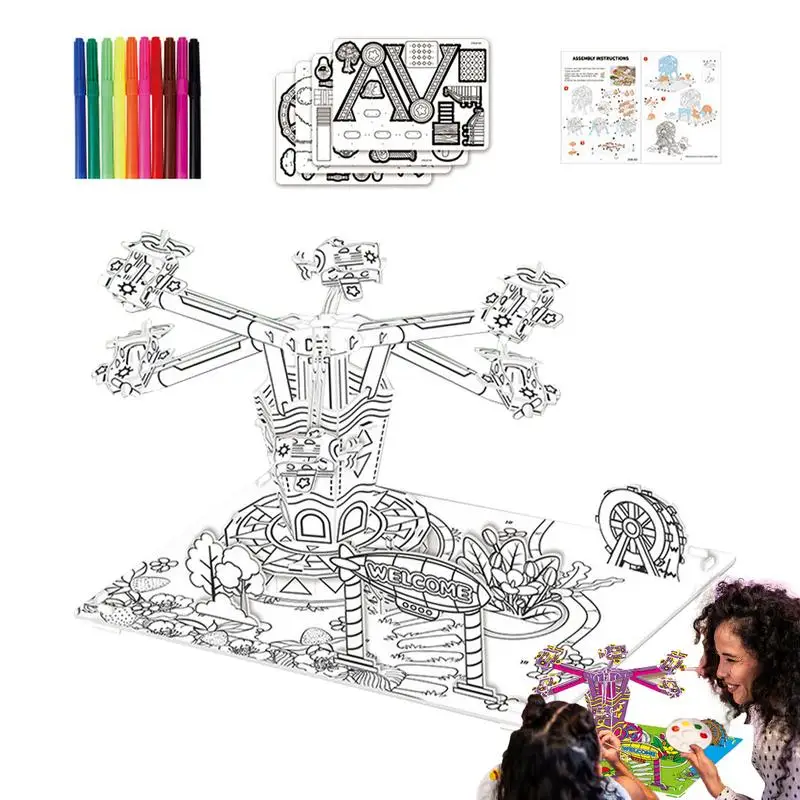 Coloring Puzzles For Kids Amusement Park Theme Cardboard Graffiti Puzzle Multifunctional Innovative Early Development Toys