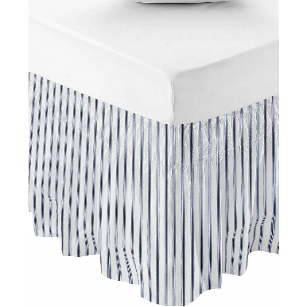

Queen Size Navy Blue and White Striped Bed Skirt with 18 Inch Drop and Adjustable Elastic
